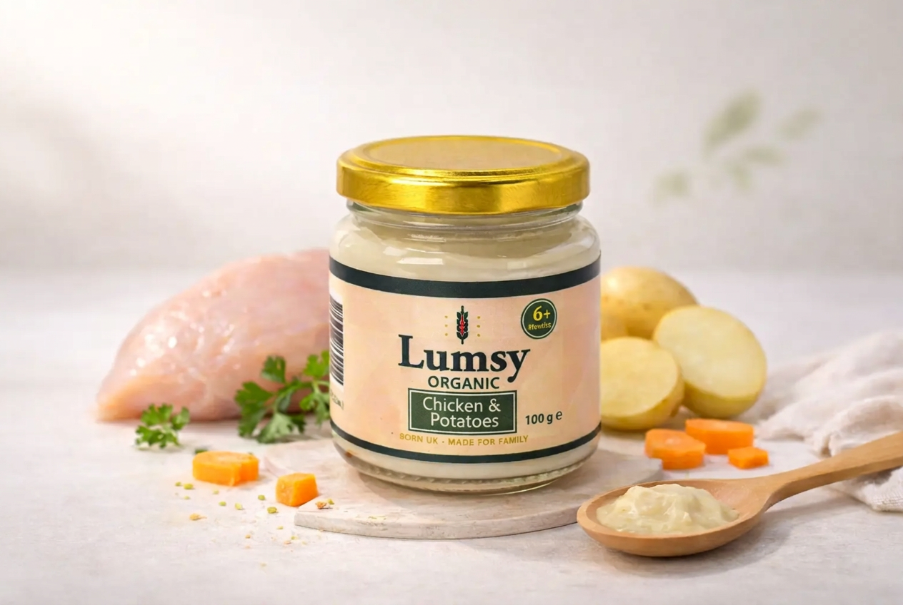 Lumsy Chicken and Potatoes jar styled with organic chicken, potatoes and carrots